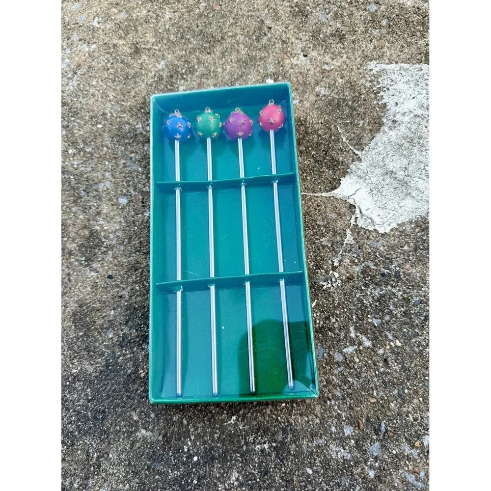Vintage 1995 Amco Holiday Swizzle Sticks Set of 4 Star Toppers Cocktail Stirrers